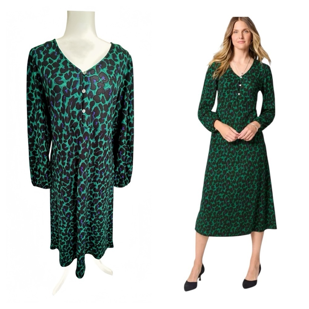 J Jill Leopard Midi Dress PS Green Black Pockets NWT Ponte Knit Long Sleeve